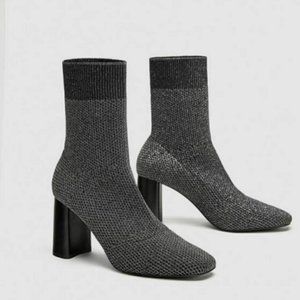 ZARA Black & Silver Metallic Knit Sock Boots